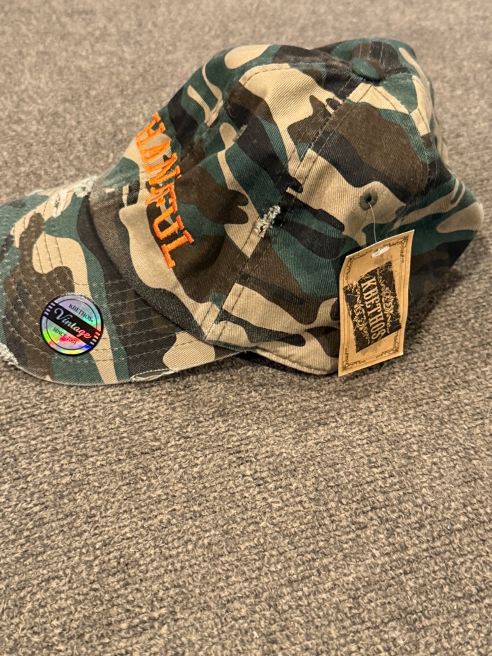 NWT - Camouflage Distressed “Thankful” orange embroidered Cap